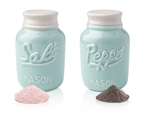 Vintage Mason Jar Salt & Pepper Shakers by Comfify - Adorable Decorative Mason Jar Décor for Vintage, Rustic, Shabby Chic - Sturdy Ceramic in Aqua Blue - 3.5 oz. Cap.