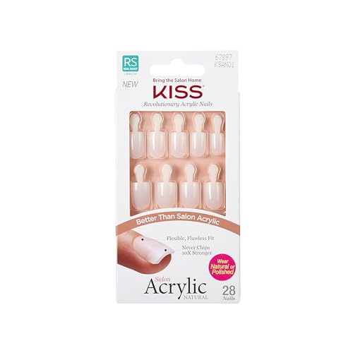 KISS Salon Acrylic Natural Press On Nails, Nail glue included, Rare', Nude, Short Size, Squoval Shape, Includes 28 Nails, 2g Glue, 1 Manicure Stick, 1 Mini File
