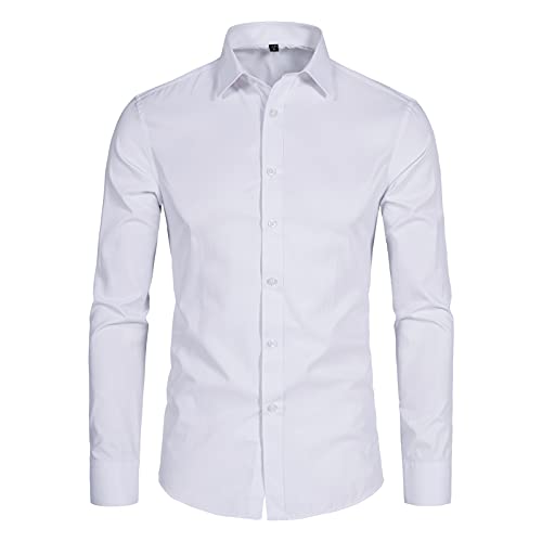 DELCARINO Men's Long Sleeve Button Up Shirts Solid Slim Fit Casual Business Formal Dress Shirt White Medium