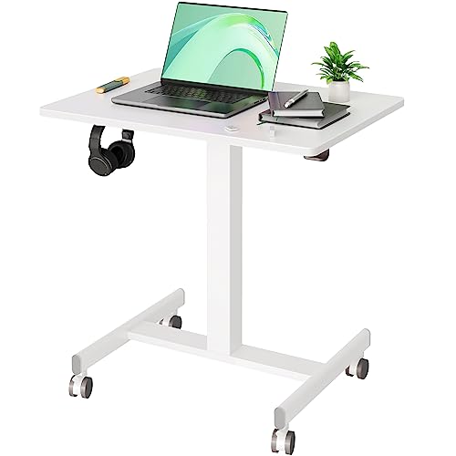 Claiks Mobile Standing Desk, Small Rolling Standing Desk, Mobile Desk Workstation with Wheels, Pneumatic Mobile Laptop Desk for Home Office with Hook, White