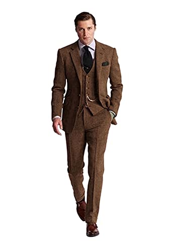 Retro 3 Piece Brown Grey Tweed Herringbone Men's Suits Slim Fit Groom Tuxedos Prom Blazer Custom Jacket BR-4640