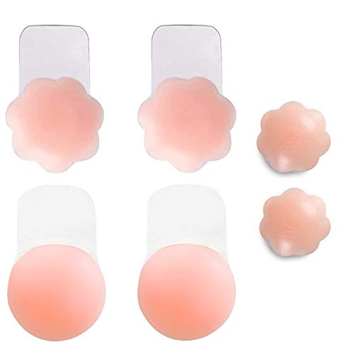 Adhesive Silicone Bra Breast Sticker Silicone Nipple Cover Lift up for Women Sexy Pasties Reusable Breast Lift Nipple Covers Round Flower 3 Pairs Nude