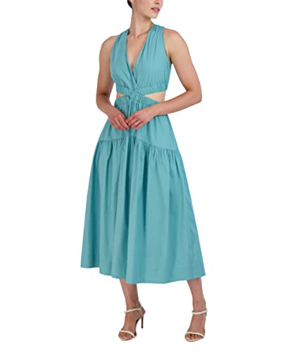 BCBGMAXAZRIA Women's V Neck Sleeveless Elastic Cut Out Waist Maxi Dress, Turquoise, 16