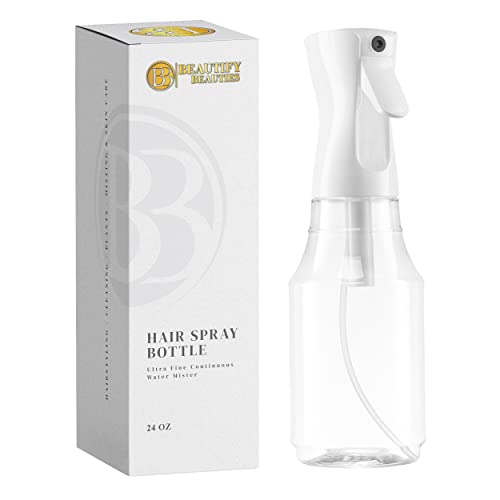 BeautifyBeauties Hair Spray Bottle – Ultra Fine Continuous Water Mister for Hairstyling, Cleaning, Plants, Misting & Skin Care (Clear, 24oz/710ml)
