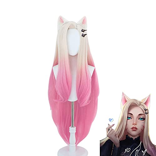 Blond and Pink KDA Ahri Wig for girls, long Straight Game Cosplay Wig for women, Halloween Costume party Wigs (Color-10)