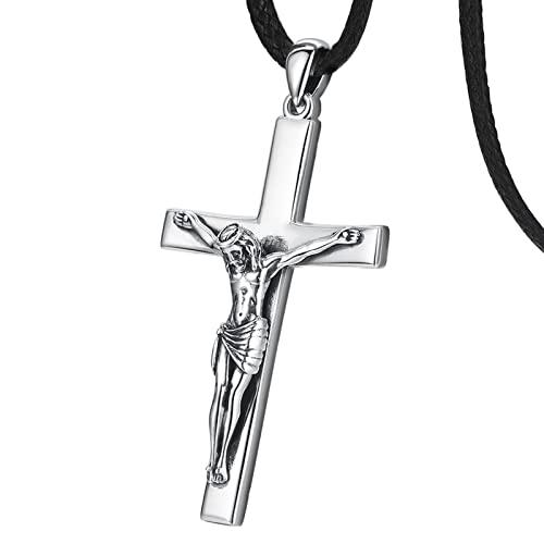 Eusense Crucifix Necklace Men Sterling Silver, Jesus Mens Cross Crucifix Necklaces Christian Pendant St Benedict Crucifix Necklace for Men Women