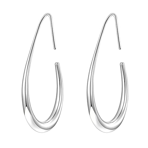 Lightweight Teardrop Hoop Earrings for Women - 14k Gold/White Gold Plated Large Oval Pull Through Hoop Earrings High Polished Statement Jewelry Gift for Women Teen Girls