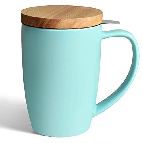 COYMOS Ceramic Tea Mug with Infuser and Lid, 16oz Loose Leaf Tea Cup Large Handle Teaware Mug, Tea Lover Gifts for Women and Man (Turquoise)