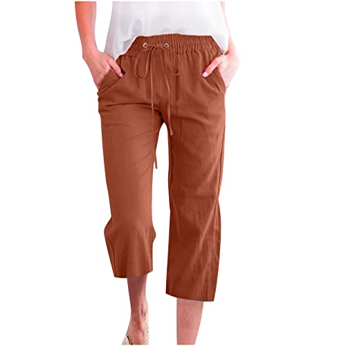 Purple Pants for Women Capri Pants Casual 2023 Summer Drawstring Elastic High Waist Linen Pant Straight Wide Leg Cropped Trouser