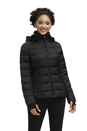 SLOW DOWN Women Down Puffer Jacket with Hood Hooded Winter Down Puffer Coat for Women with Faux-Fur Hood & Collar (Black,L)
