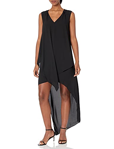 BCBGMAXAZRIA Women's Relaxed Fit and Flare V Neck High Low Asymmetrical Hem Dress, Black, Small