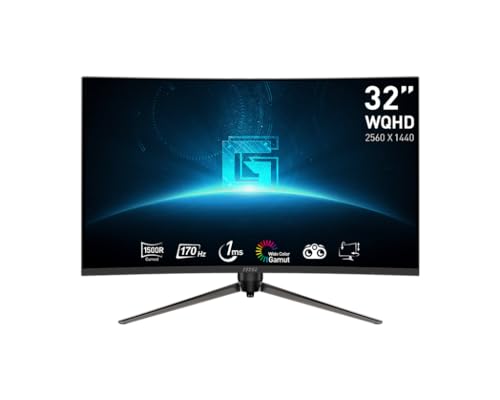 MSI G32CQ5P, 32' Gaming Monitor, 2560 x 1440 (QHD) Curved Gaming Monitor, 1 ms, 170Hz, FreeSync Premium, 1500R, HDMI, DisplayPort, Tilt, Swivel, Pivot and Height Adjustable.