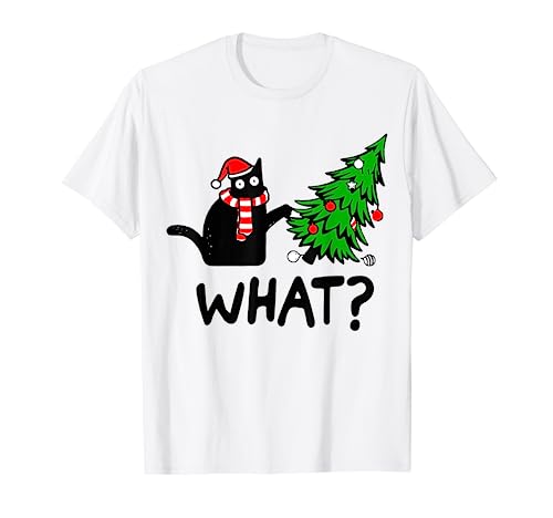 Funny Black Cat Gift Pushing Christmas Tree Over Cat What? T-Shirt