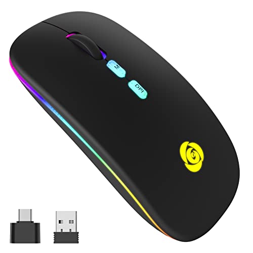 LED Wireless Bluetooth Mouse &2.4GHz Instant Connection,Rechargeable Ultra Silent Slim,3 Adjustable DPI 2 Connection Modes with USB-C to USB Adapter for Laptop/MacBook/PC/Tablet/iPad (Black)