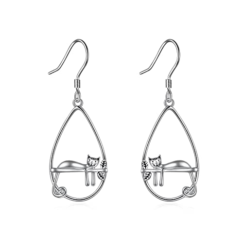 YFN Cat Earrings Sterling Silver Cat Dangle Drop Earrings Cat Jewelry for Women Girls Cat Gifts for Cat Lover