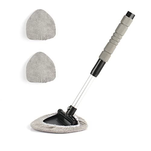 JUSTTOP Window Windshield Cleaning Tool, Car Window Cleaner with Extendable Long-Reach Handle and Washable Reusable Microfiber Cloth, Car & Office Inside Interior Exterior Use Accessories-Grey