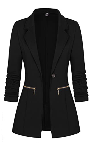 Genhoo Women's Blazer Long Sleeve Open Front Cardigan Jacket Work Office Blazer Petite Black S