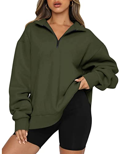 BTFBM Womens Oversized Half Zip Pullover Long Sleeve Sweatshirts Quarter Zip Hoodie Sweaters Teen Girls Fall Y2K Clothes(Solid Army Green, X-Large)