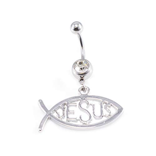 BodyJewelryOnline Belly Button Ring Christian Jesus Fish Symbol Navel Ring 14g with CZ Jewel