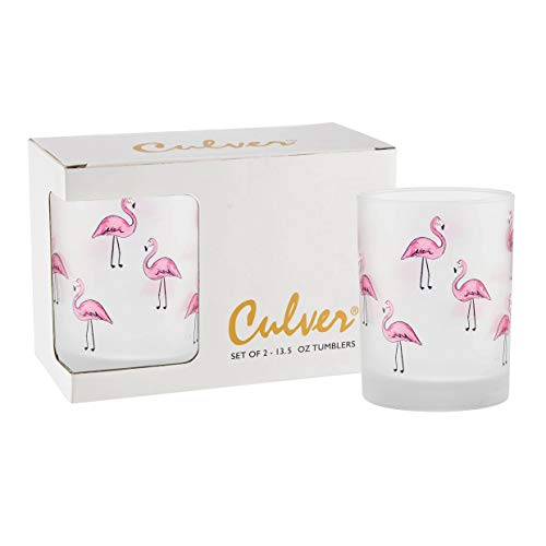 Culver Tropical Decorated Frosted Double Old Fashioned Tumbler Glasses, 13.5-Ounce, Gift Boxed Set of 2 (Flamingos)