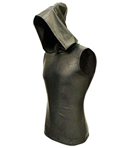 Shrine Men's Gothic Industrial Punk Sleeveless Hoodie Vinyl Patchwork Stretch Fabric (Small) Black