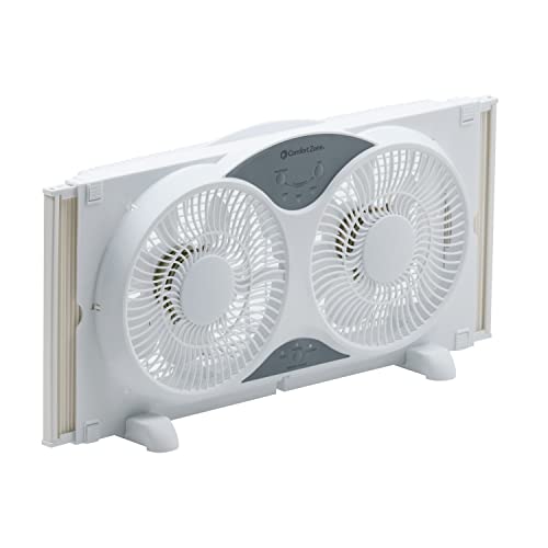 Comfort Zone CZ310R 9' 3-Speed, 3-Function, Expandable, Reversible Twin Window Fan with Remote Control, Removable Cover