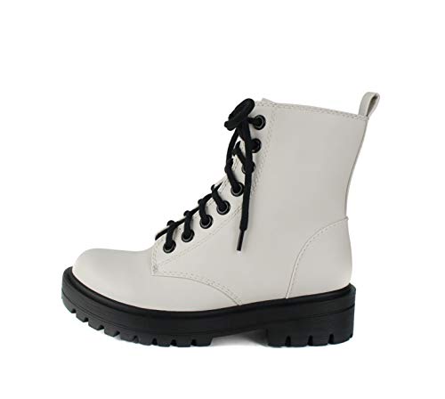 Soda FIRM - Lug Sole Combat Ankle Bootie Lace up w/Side Zipper (White, numeric_8_point_5)