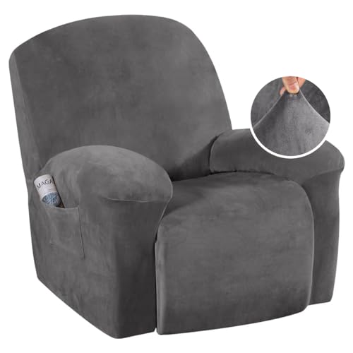H.VERSAILTEX Velvet Plush Recliner Chair Covers 1-Piece for Reclining Chair, Recliner Cover Feature Thick Luxury and Soft Fabric with Elastic Bottom, Anti-Slip Foams Attached (Grey)