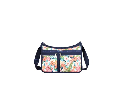 LeSportsac Colorful Garden Deluxe Everyday Crossbody Bag + Cosmetic Bag, Style 7507/Color E625, Vibrant & Festive Blooms Artfully Arranged, Tropical Hues of Pink, Peach, Yellow + Variegated Greenery