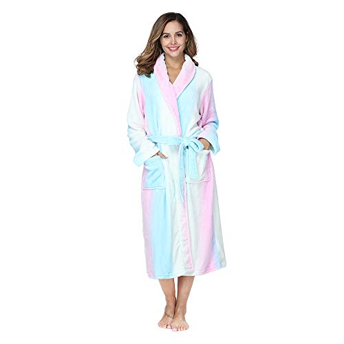 RONGTAI Womens Bathrobe Ladies Fleece Plush Warm Long Robes （Large,Rainbow）
