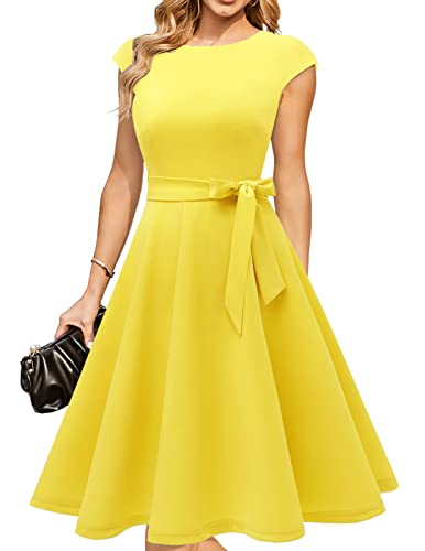 DRESSTELLS Cocktail Dresses for Women, 2023 Vintage Christmas Party Holiday Dress, Modest Fall Winter Wedding Guest Formal 1950s Church Bridesmaid Dress Yellow L