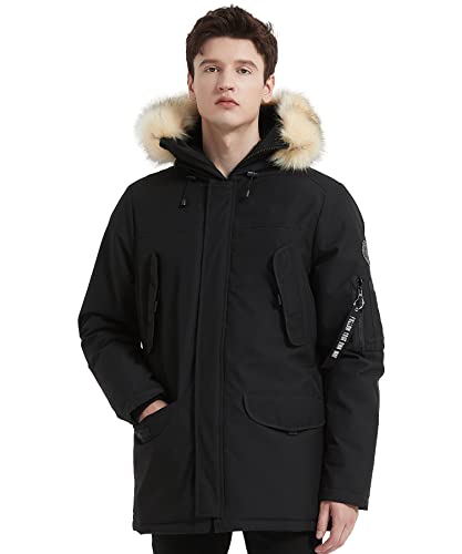 PUREMSX Heavy Parka Jacket for Men, Winter Ski Thicken Fur Hood Snowboarding Hiking Down Windproof Insulated Coat Gift,Black,Large