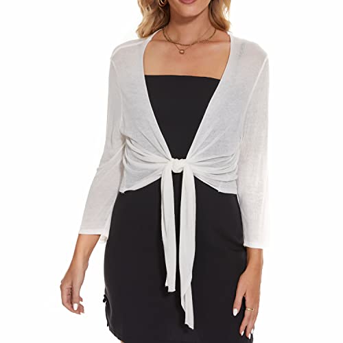 Women's Tie Front Bolero Cardigan Shrug Sweater 3/4 Sleeve Knotted Lightweight Short Shawl Top White