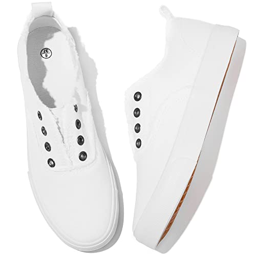 Women's Slip on Sneakers Walking Shoes Casual Girls Canvas Fashion Sneakers（White.US8）