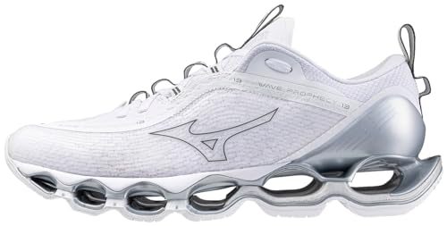 Mizuno Women's Wave Prophecy 13 Running Shoe, White/Metallic Grey, 8.5