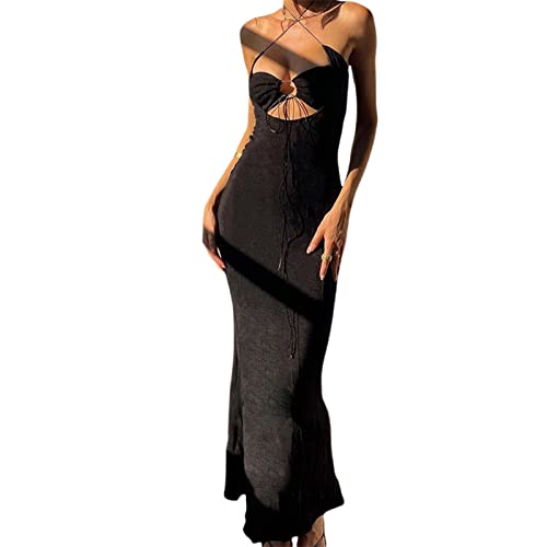 Franhais Women's Criss Cross Spaghetti Strap Bodycon Maxi Dress Cutout High Waist Wrap Summer Camis Halter Party Long Dress (Black, S)