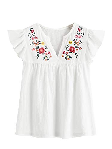 Floerns Women's Floral Embroidered V Neck Ruffle Cap Sleeve Peplum Blouse Top White L