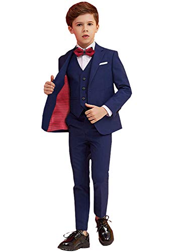 Boys Suit Navy Slim Fit Suits for Kids Formal Outfit Boy Tuxedo with Blazer Vest Pants Shirt and Bow Tie Size 7
