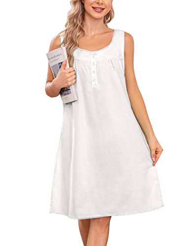 Ekouaer Cotton Nightgown with Button Soft Ladies Night Shirts Sleeveless Sleep Dress(Raw White XXL)