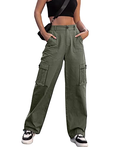 ZMPSIISA Women High Waisted Cargo Pants Wide Leg Casual Pants 6 Pockets Combat Military Trousers(Green,Medium)