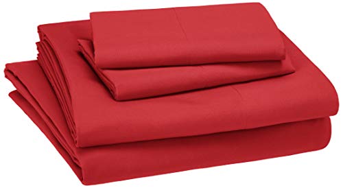 Amazon Basics Kid's Soft Easy-Wash Lightweight Microfiber 4-Piece Sheet Set, Full, Red, Solid