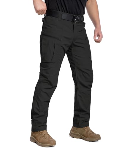 CARWORNIC Men's Rip-Stop Tactical Pants Lightweight Water Resistant Utility Work Pants Stretch EDC Uniform Military Cargo Pants for Outdoor Hiking Casual Construction Black