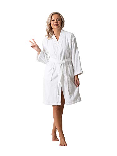 Luxurious Turkish Cotton Kimono Collar Super-Soft Terry Absorbent Bathrobes for Women (Small, White)