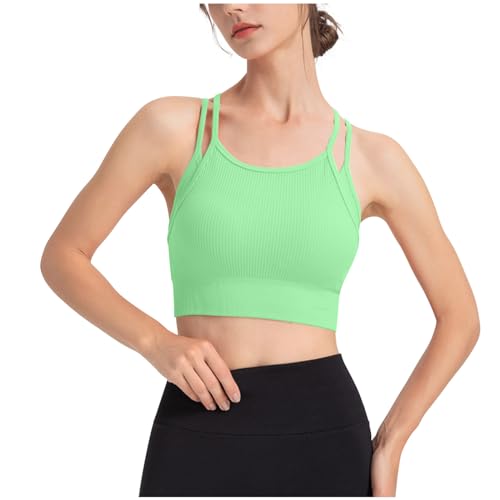 Womens Fake Two-Piece Sports Tank Tops Bralette High Impact Support Lift Bras Breathable Yoga Running Gym Fitness Bra Green