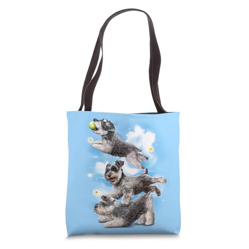 Schnauzer Dog Trio Playing and Catching Ball in the Clouds Tote Bag