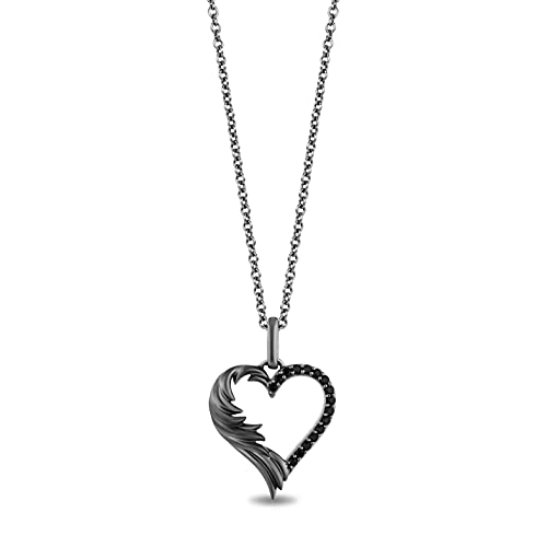 Jewelili Enchanted Disney Fine Jewelry Black Rhodium Over Sterling Silver 1/8 Cttw Treated Black Round Diamonds Maleficent Heart Pendant Necklace 18' Cable Chain