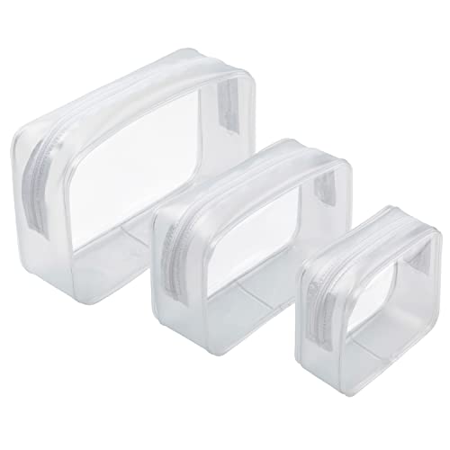 Clear Cosmetic Bags with Zipper, 3Pcs White TSA Approved Toiletries Bag Clear Pouches for Travel, Plastic Toiletry Bags, Women Waterproof Transparent Makeup Bag for Vacation