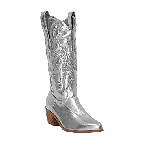 MissHeel Mid Calf Silver Boots for Women Print Westen Cowboy Boots Embroidered Wide Calf Cowgirl Boots for Wedding Dress Bride Size 10