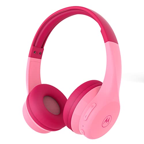 Motorola JR300 Kids Bluetooth Wireless Headphones with Microphone - Lightweight Over Ear, Safe Volume Limit 85dB, Audio Splitter for Sharing - Ideal for School, Travel, Gaming - Pink