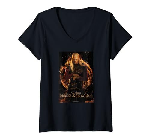 Womens House of the Dragon Daemon Targaryen Fire And Blood Poster V-Neck T-Shirt